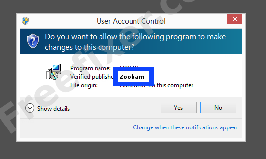 Screenshot where Zoobam appears as the verified publisher in the UAC dialog