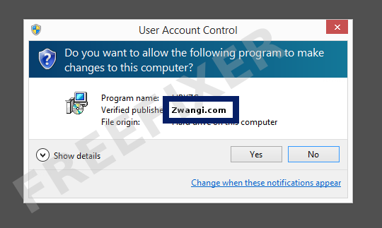 Screenshot where Zwangi.com appears as the verified publisher in the UAC dialog