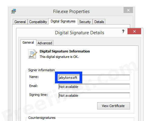 Screenshot of the abylonsoft certificate