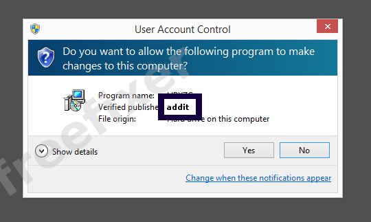 Screenshot where addit appears as the verified publisher in the UAC dialog