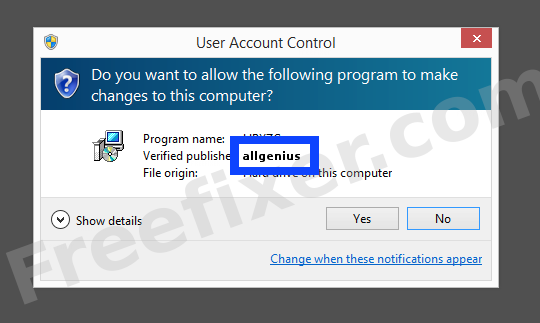 Screenshot where allgenius appears as the verified publisher in the UAC dialog