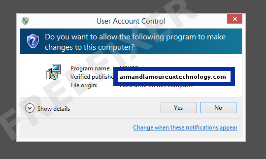 Screenshot where armandlamoureuxtechnology.com appears as the verified publisher in the UAC dialog
