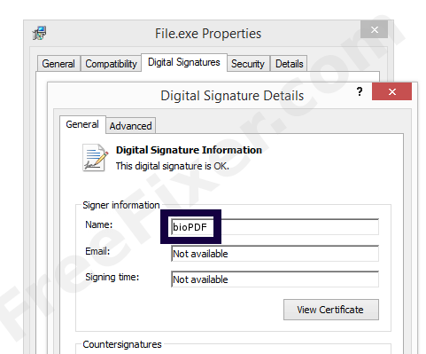 Screenshot of the bioPDF certificate