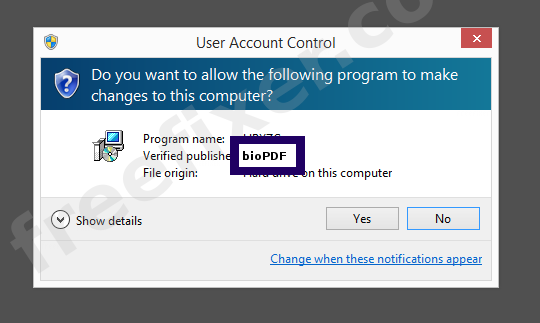 Screenshot where bioPDF appears as the verified publisher in the UAC dialog