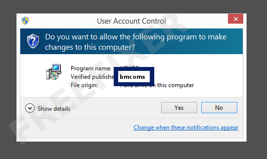 Screenshot where bmcoms appears as the verified publisher in the UAC dialog