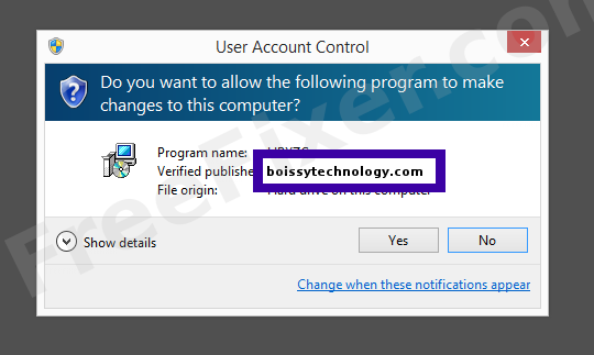 Screenshot where boissytechnology.com appears as the verified publisher in the UAC dialog