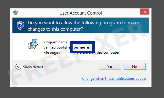 Screenshot where bumone appears as the verified publisher in the UAC dialog