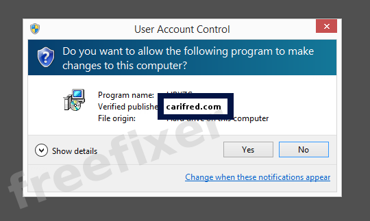 Screenshot where carifred.com appears as the verified publisher in the UAC dialog