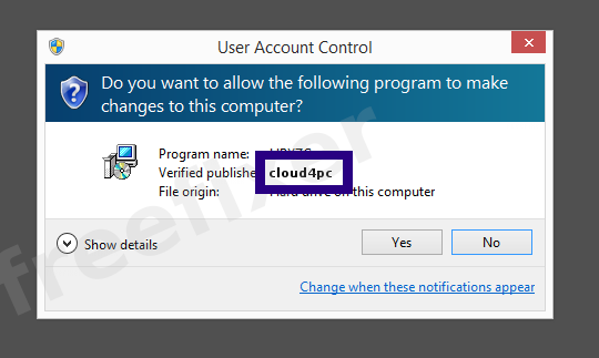 Screenshot where cloud4pc appears as the verified publisher in the UAC dialog