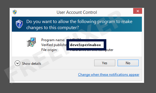 Screenshot where developerinabox appears as the verified publisher in the UAC dialog