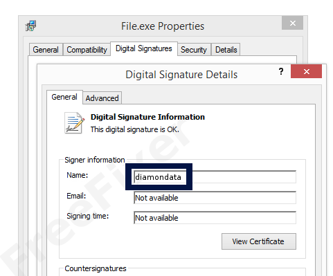 Screenshot of the diamondata certificate
