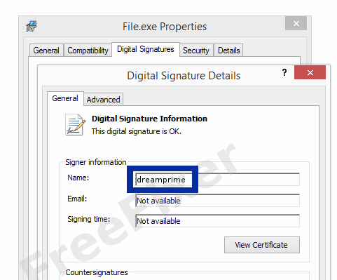 Screenshot of the dreamprime certificate
