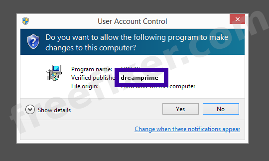 Screenshot where dreamprime appears as the verified publisher in the UAC dialog