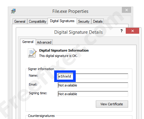 Screenshot of the eShield certificate