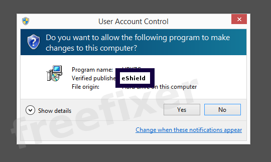 Screenshot where eShield appears as the verified publisher in the UAC dialog