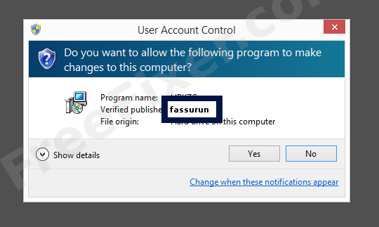 Screenshot where fassurun appears as the verified publisher in the UAC dialog
