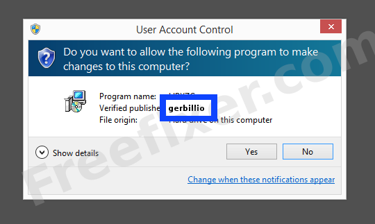 Screenshot where gerbillio appears as the verified publisher in the UAC dialog