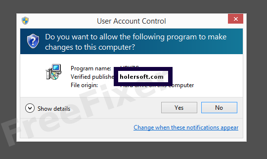 Screenshot where holersoft.com appears as the verified publisher in the UAC dialog