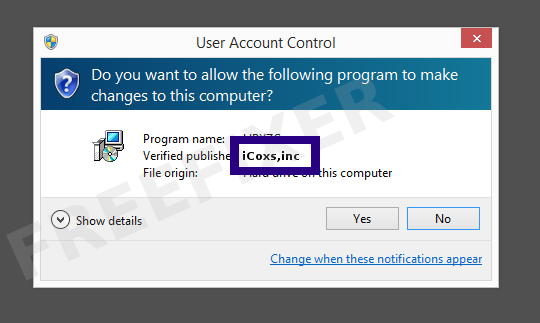 Screenshot where iCoxs,inc appears as the verified publisher in the UAC dialog