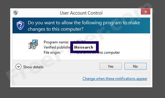 Screenshot where iResearch appears as the verified publisher in the UAC dialog