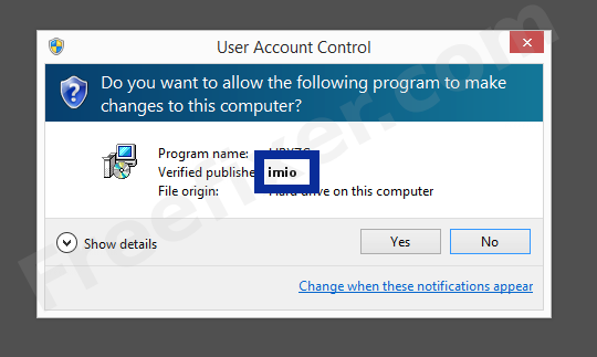 Screenshot where imio appears as the verified publisher in the UAC dialog