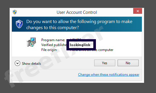 Screenshot where lookinglink appears as the verified publisher in the UAC dialog