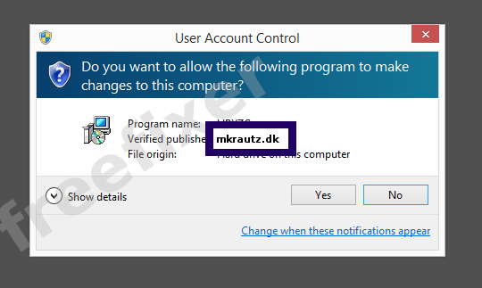 Screenshot where mkrautz.dk appears as the verified publisher in the UAC dialog