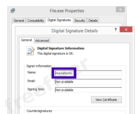Screenshot of the monetomi certificate