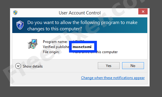 Screenshot where monetomi appears as the verified publisher in the UAC dialog