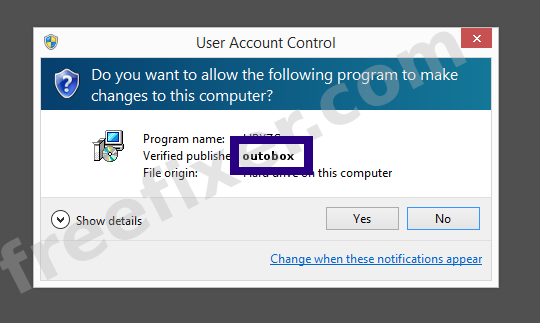 Screenshot where outobox appears as the verified publisher in the UAC dialog