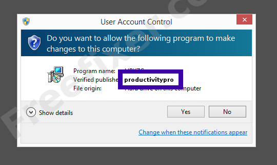 Screenshot where productivitypro appears as the verified publisher in the UAC dialog