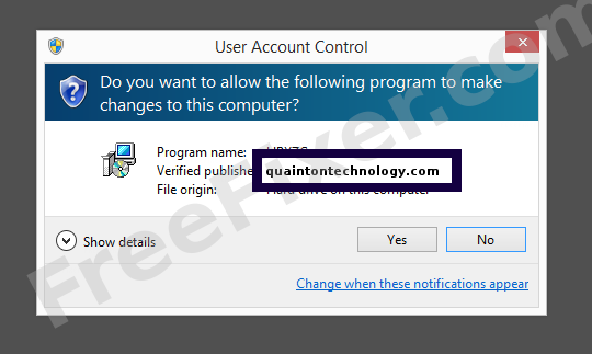 Screenshot where quaintontechnology.com appears as the verified publisher in the UAC dialog