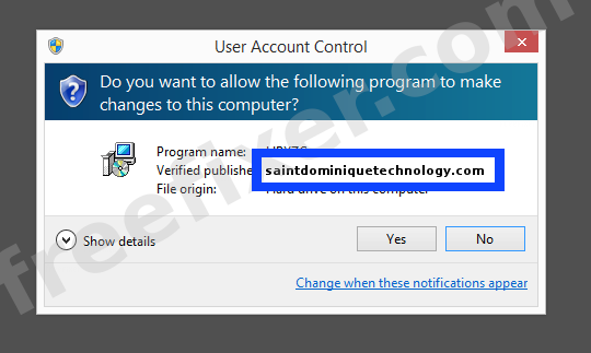 Screenshot where saintdominiquetechnology.com appears as the verified publisher in the UAC dialog