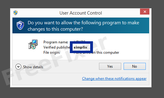 Screenshot where simplix appears as the verified publisher in the UAC dialog