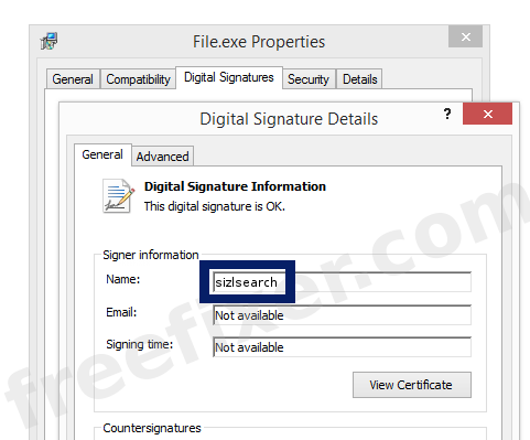 Screenshot of the sizlsearch certificate