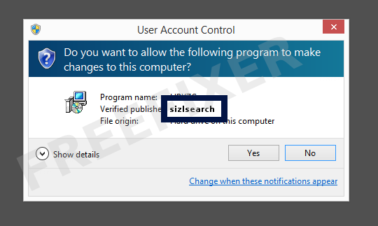 Screenshot where sizlsearch appears as the verified publisher in the UAC dialog