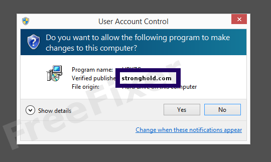 Screenshot where stronghold.com appears as the verified publisher in the UAC dialog
