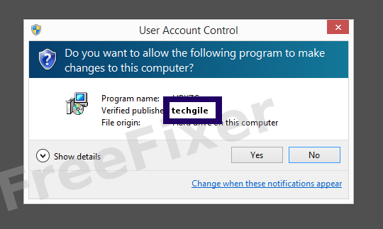 Screenshot where techgile appears as the verified publisher in the UAC dialog