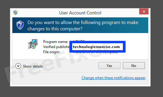 Screenshot where technologiemonroe.com appears as the verified publisher in the UAC dialog