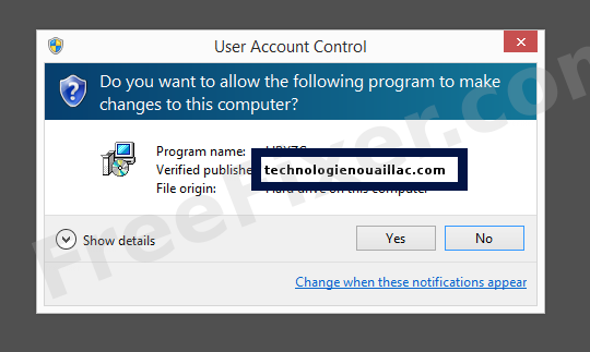 Screenshot where technologienouaillac.com appears as the verified publisher in the UAC dialog