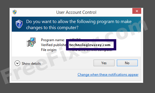Screenshot where technologievassy.com appears as the verified publisher in the UAC dialog