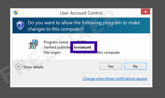 Screenshot where trolatunt appears as the verified publisher in the UAC dialog