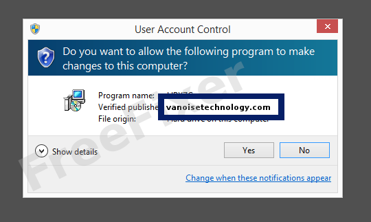 Screenshot where vanoisetechnology.com appears as the verified publisher in the UAC dialog