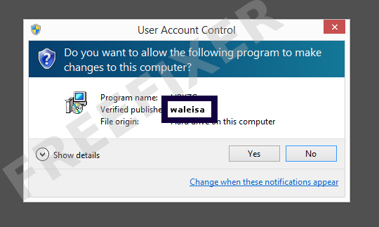 Screenshot where waleisa appears as the verified publisher in the UAC dialog
