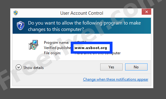 Screenshot where www.usboot.org appears as the verified publisher in the UAC dialog
