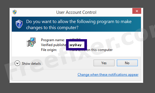 Screenshot where wyDay appears as the verified publisher in the UAC dialog