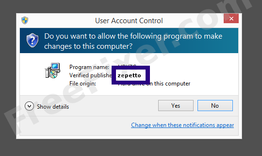 Screenshot where zepetto appears as the verified publisher in the UAC dialog