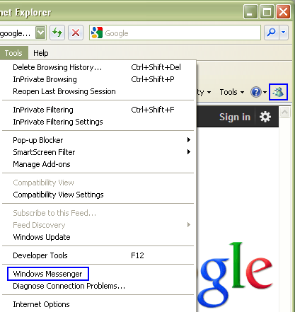 The image shows the Windows Messenger Internet Explorer extension.