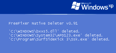 Screenshot of FreeFixer's Native Deleter removing malware files.