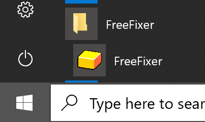 The image illustrates how to start FreeFixer on a Windows 10 machine by browsing the Windows start menu.